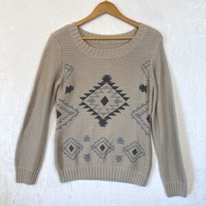 Venus Womens Tan Aztec Tribal Pattern Knit Sweater Long Sleeve Crew Neck‎ Casual